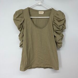 Nation LTD Women Small Olive Green Puff Sleeve Scoop Neck Slub Cotton Top
